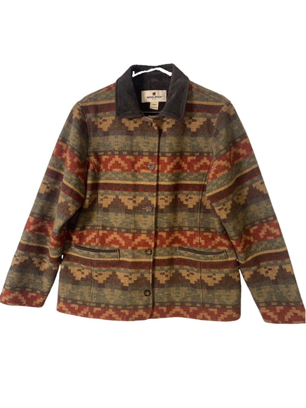 Woolrich Woman L Southwestern Aztec Wool Blend Suede Leather Collar Jacket